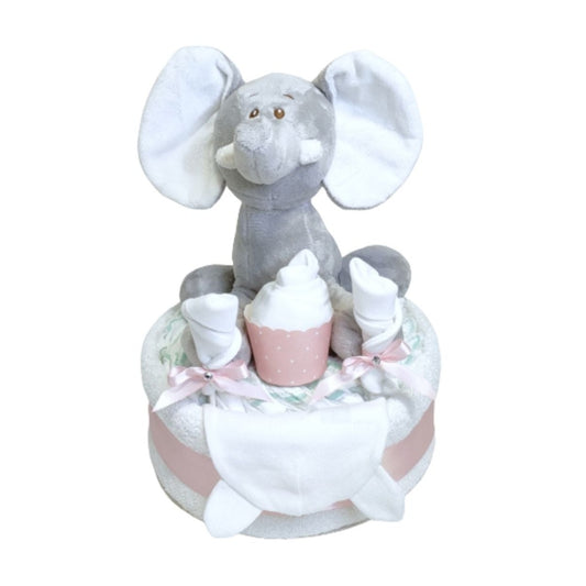 Ellie pink 1-tier baby girl elephant nappy cake gift set featuring a soft grey plush elephant, infant hat,  pink ribbon bows.