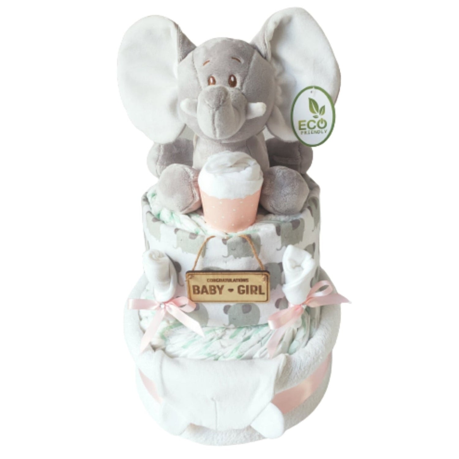 Ellie pink 2-tier baby girl elephant nappy cake gift set featuring a soft plush toy, wooden Baby Girl sign, patterned muslin wrap, and pink ribbon trim.
