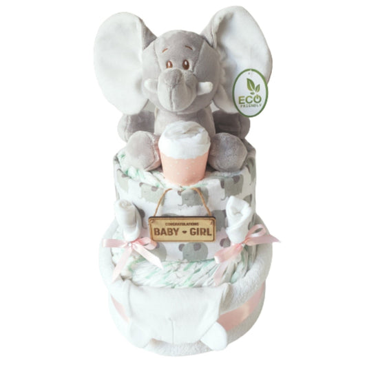 Ellie pink 2-tier baby girl elephant nappy cake gift set featuring a soft plush toy, wooden Baby Girl sign, patterned muslin wrap, and pink ribbon trim.
