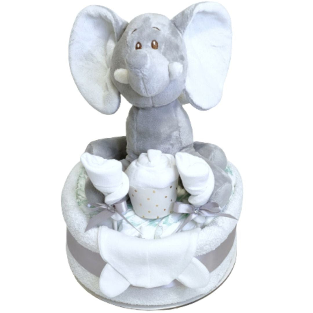 Ellie silver 1-tier baby elephant nappy cake gift set featuring a soft grey plush elephant, infant hat, silver ribbon bows.