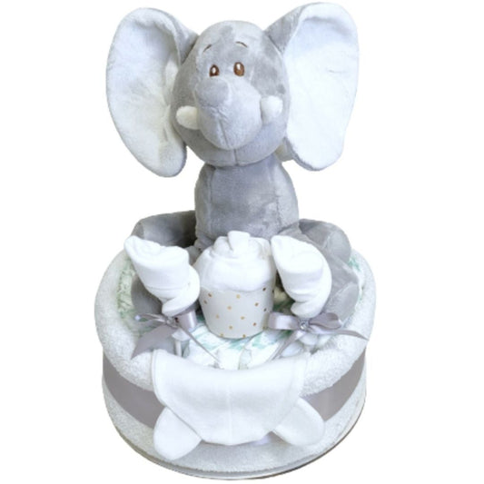 Ellie silver 1-tier baby elephant nappy cake gift set featuring a soft grey plush elephant, infant hat, silver ribbon bows.