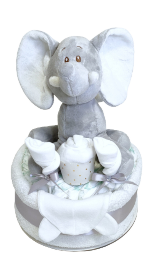 Ellie silver 1-tier baby elephant nappy cake gift set featuring a soft grey plush elephant, infant hat, silver ribbon bows.
