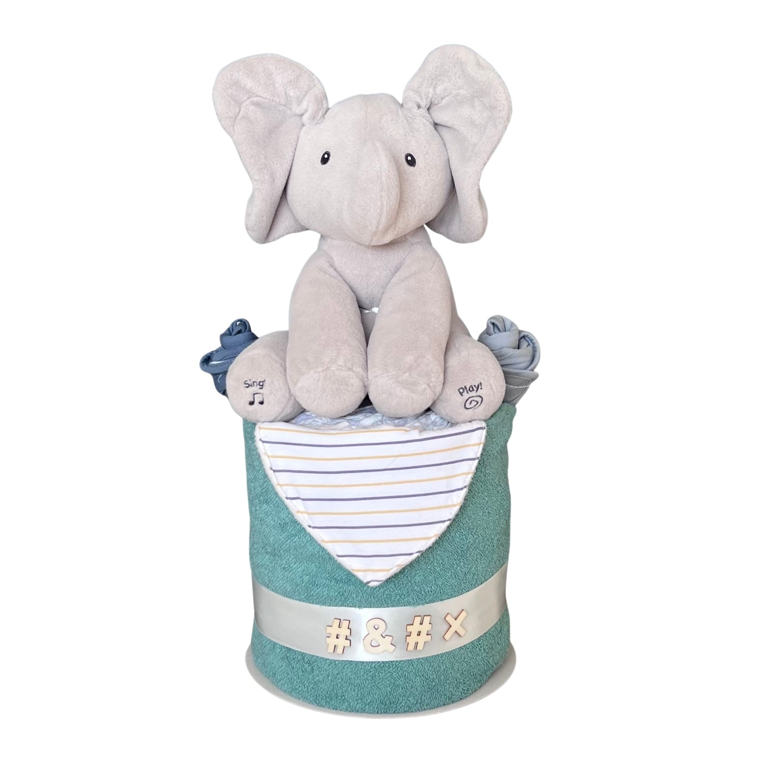 Elephant Baby Gift Nappy Cake with musical plush elephant, hooded towel, bandana bib  premium baby essentials.