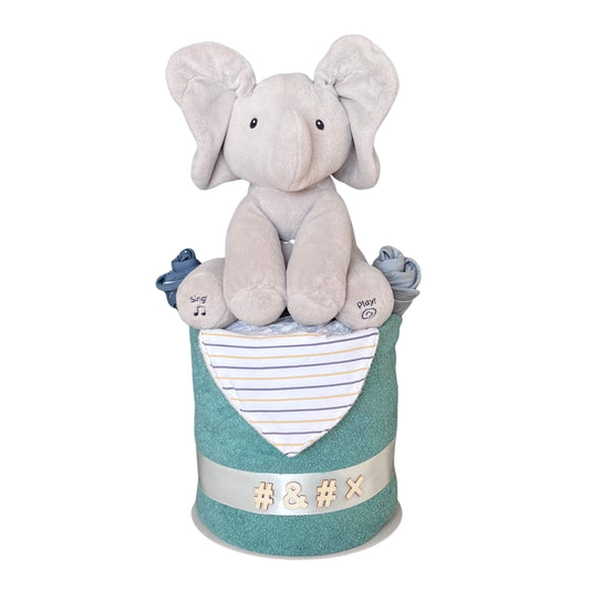 Elephant Baby Gift Nappy Cake with musical plush elephant, hooded towel, bandana bib premium baby essentials.