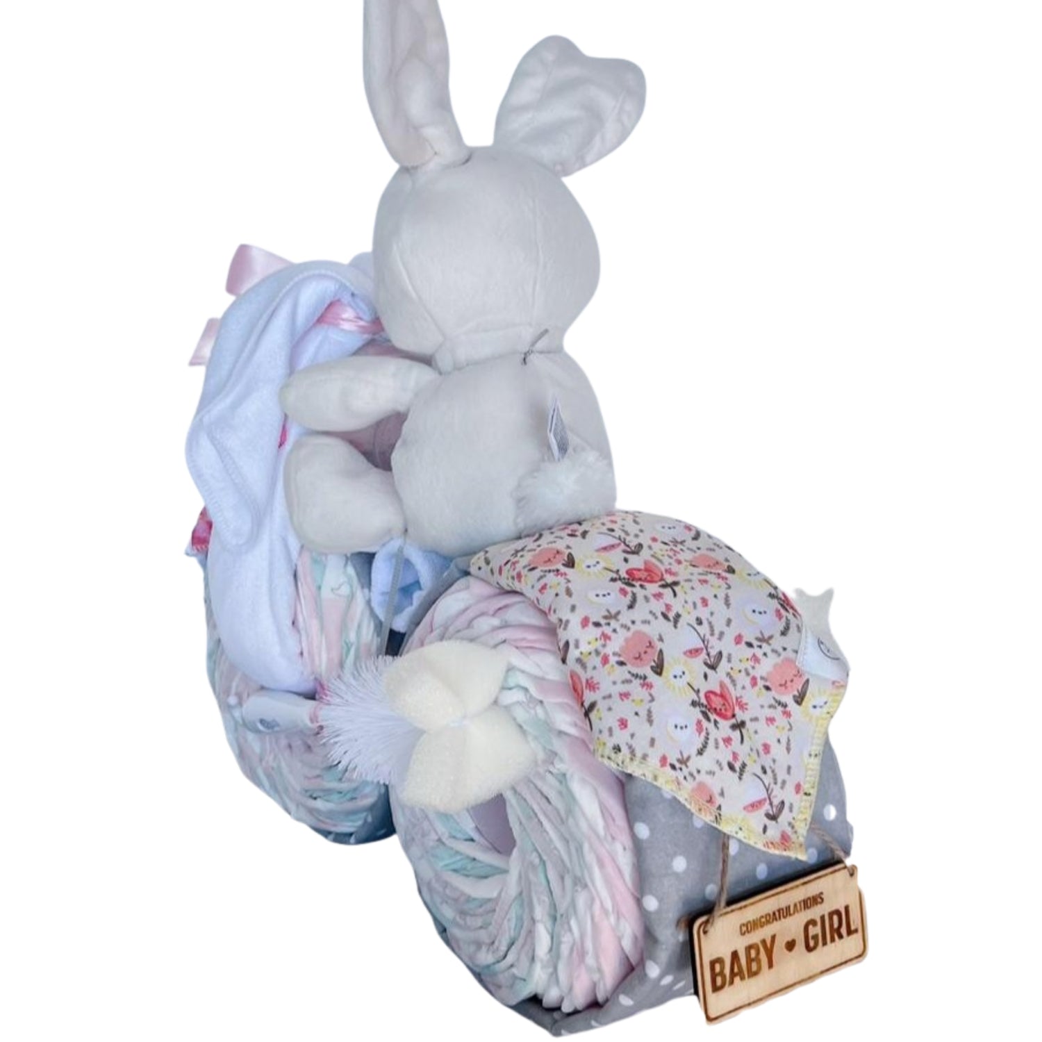 Bunny Motorbike Nappy Cake with plush bunny, baby bottle, floral bib, premium baby essentials.