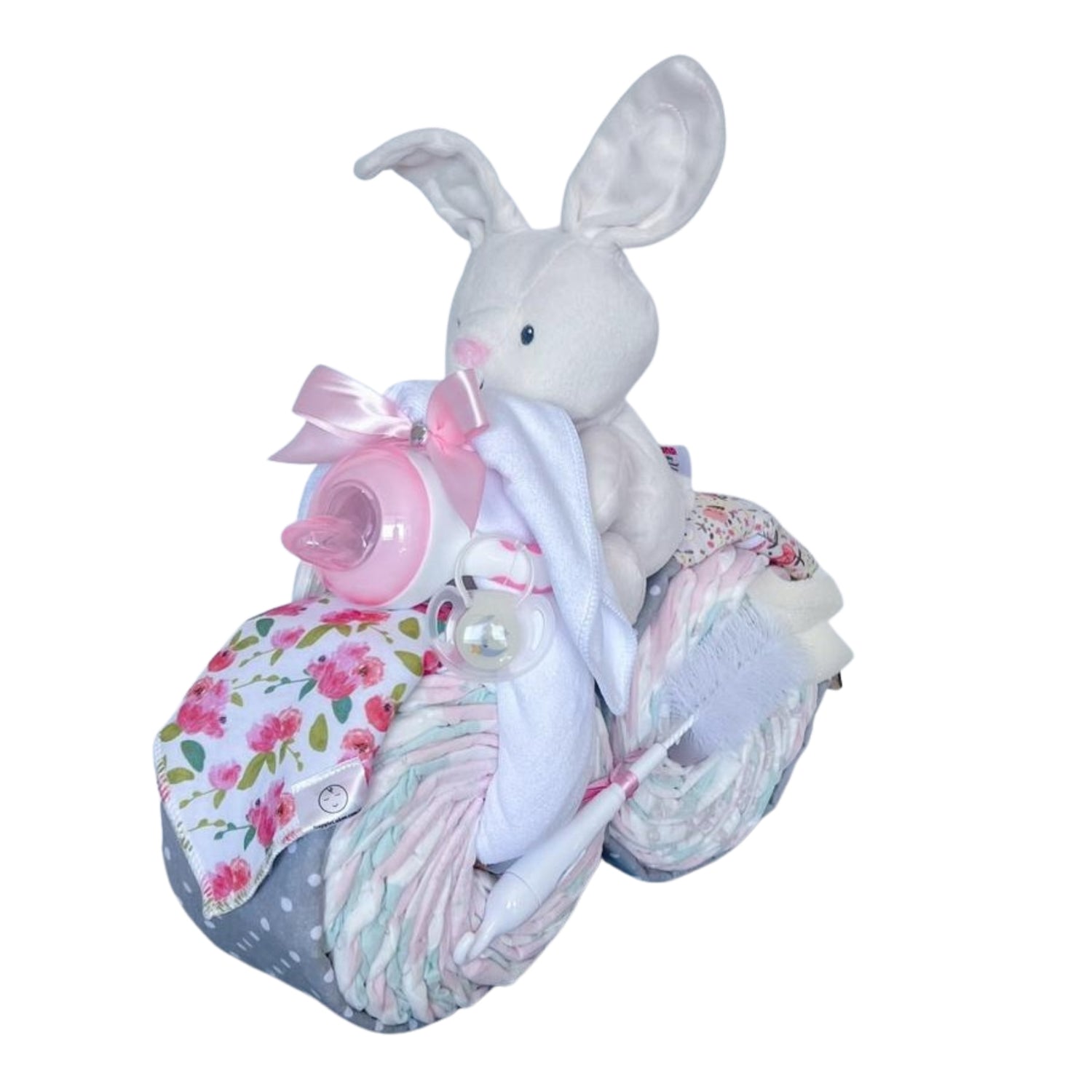Bunny Motorbike Nappy Cake with plush bunny, baby bottle, floral bib,premium baby essentials.