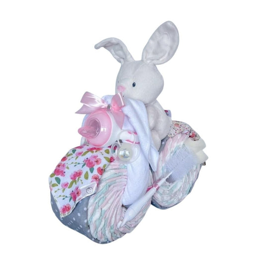 Bunny Motorbike Nappy Cake with plush bunny, baby bottle, floral bib,premium baby essentials.