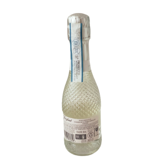 Back view of a Freixenet Prosecco piccolo 200mL mini bottle showing the back label, barcode, and textured glass design.