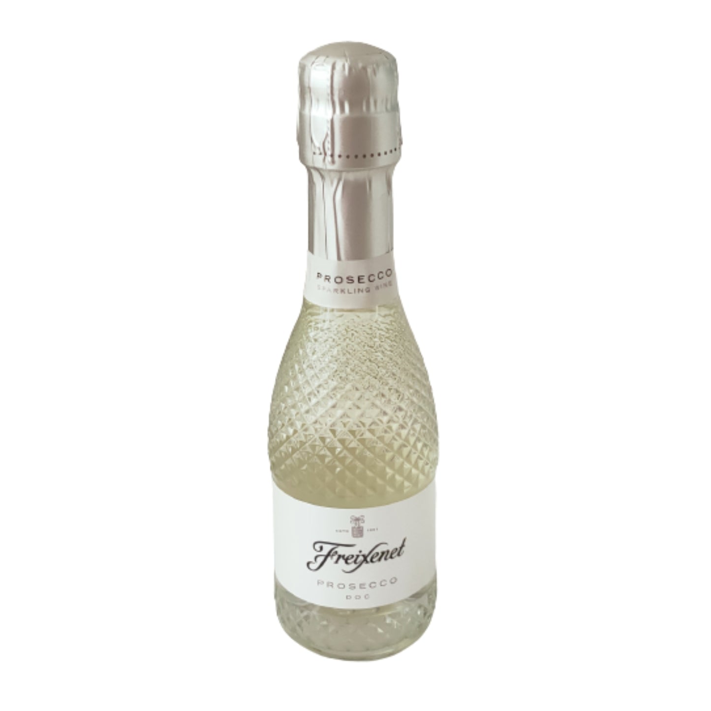 Front view of a Freixenet Prosecco piccolo 200mL mini sparkling wine bottle featuring the classic white label and decorative textured glass.