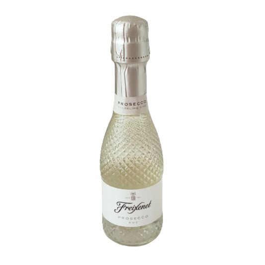 Front view of a Freixenet Prosecco piccolo 200mL mini sparkling wine bottle featuring the classic white label and decorative textured glass.
