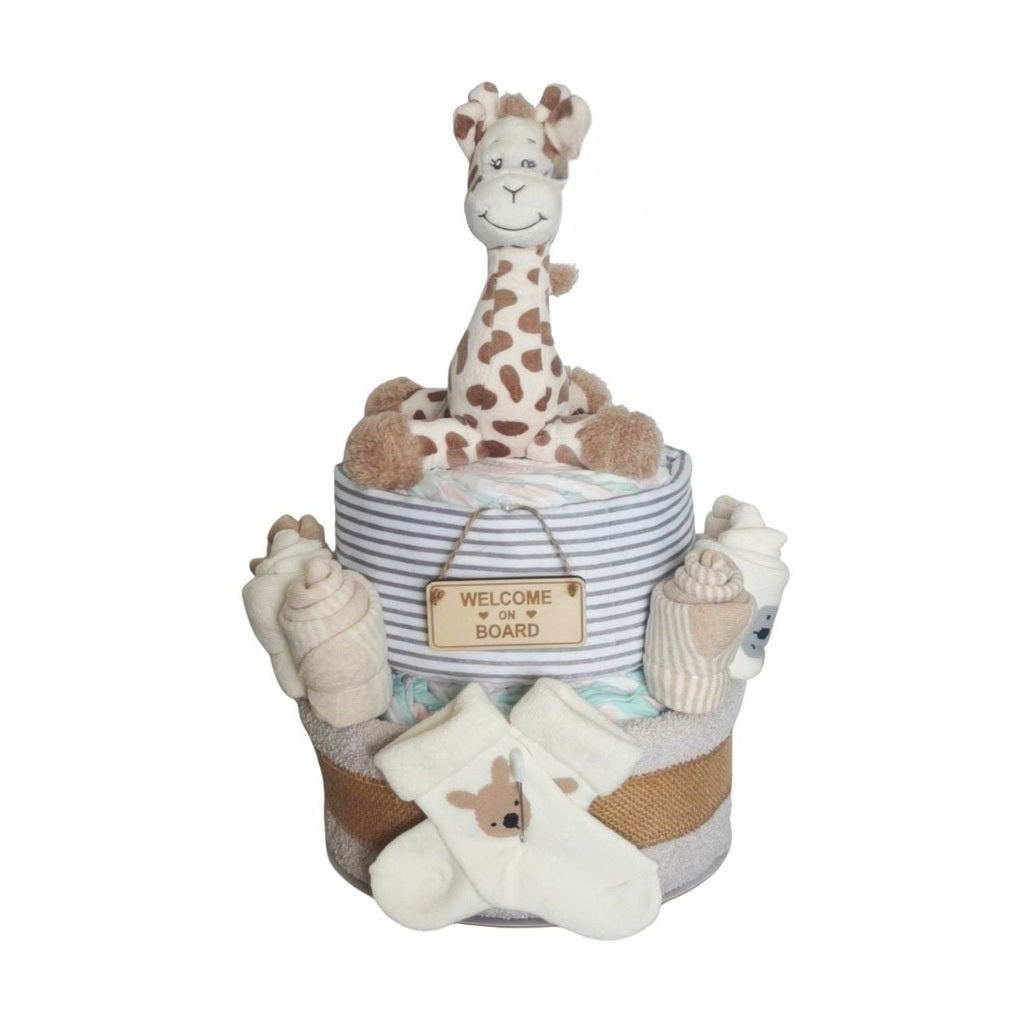 Unisex 2-Tier Giraffe Nappy Cake with eco-friendly plush giraffe, baby socks, and a 'WELCOME TO THE BOARD' sign, premium newborn gift essentials