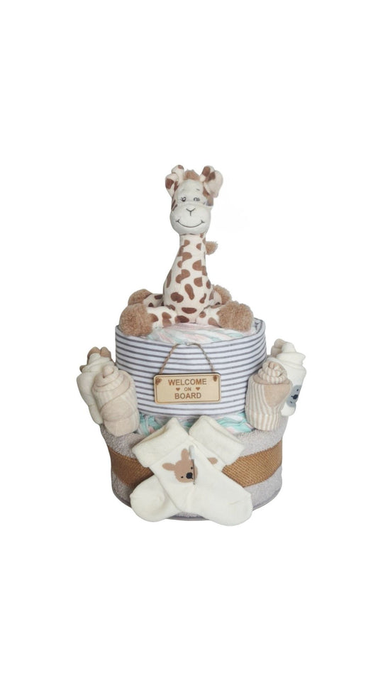 Unisex 2-Tier Giraffe Nappy Cake with eco-friendly plush giraffe, baby socks, and a 'WELCOME TO THE BOARD' sign, premium newborn gift essentials