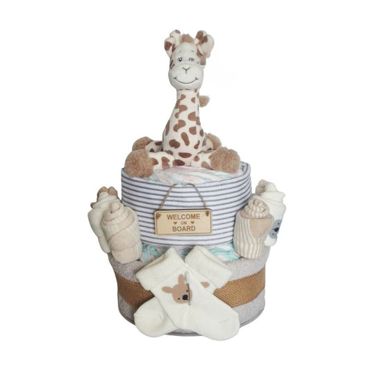 Unisex 2-Tier Giraffe Nappy Cake with eco-friendly plush giraffe, baby socks, and a 'WELCOME TO THE BOARD' sign, premium newborn gift essentials