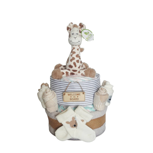 Unisex 2-Tier Giraffe Nappy Cake with eco-friendly plush giraffe, baby socks, and a 'WELCOME TO THE BOARD' sign, premium newborn gift essentials.