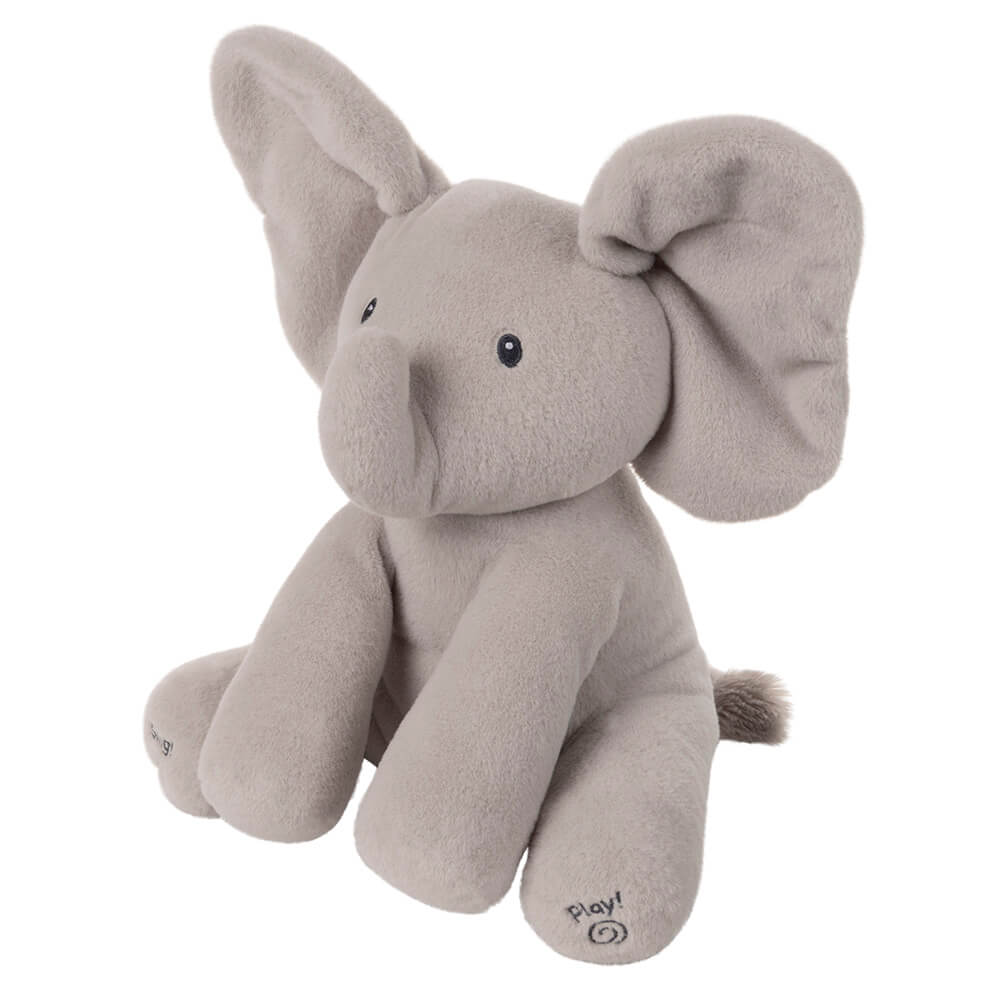 Left side view of GUND Flappy Elephant animated plush with floppy ears and soft grey fur