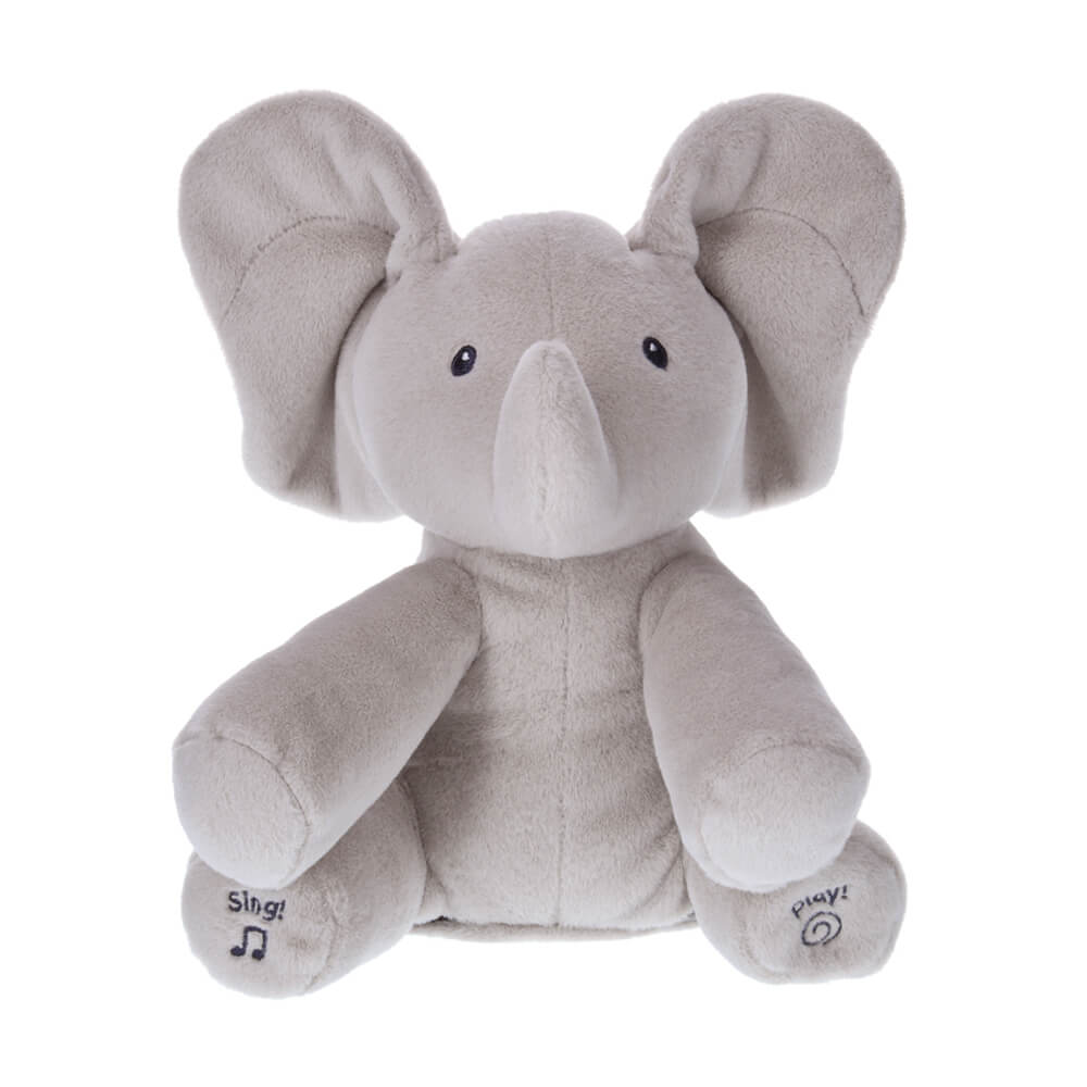GUND Flappy Elephant animated plush toy sitting with ear raised and soft grey fabric