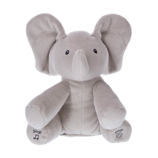 GUND Flappy Elephant animated plush toy sitting with ear raised and soft grey fabric