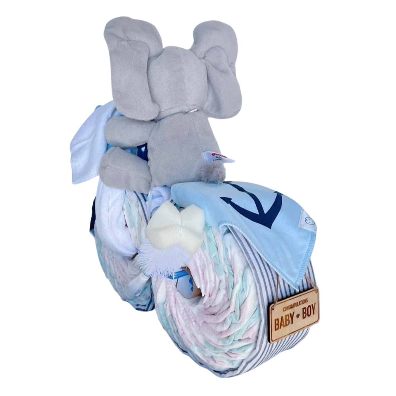Rear view of the Elephant Motorbike Nappy Cake with plush elephant, nappies, baby blanket and baby boy gift tag.