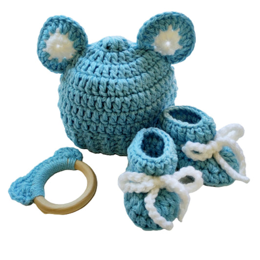handmade baby set blue featuring knitted hat tether and booties newborn gift for baby boy