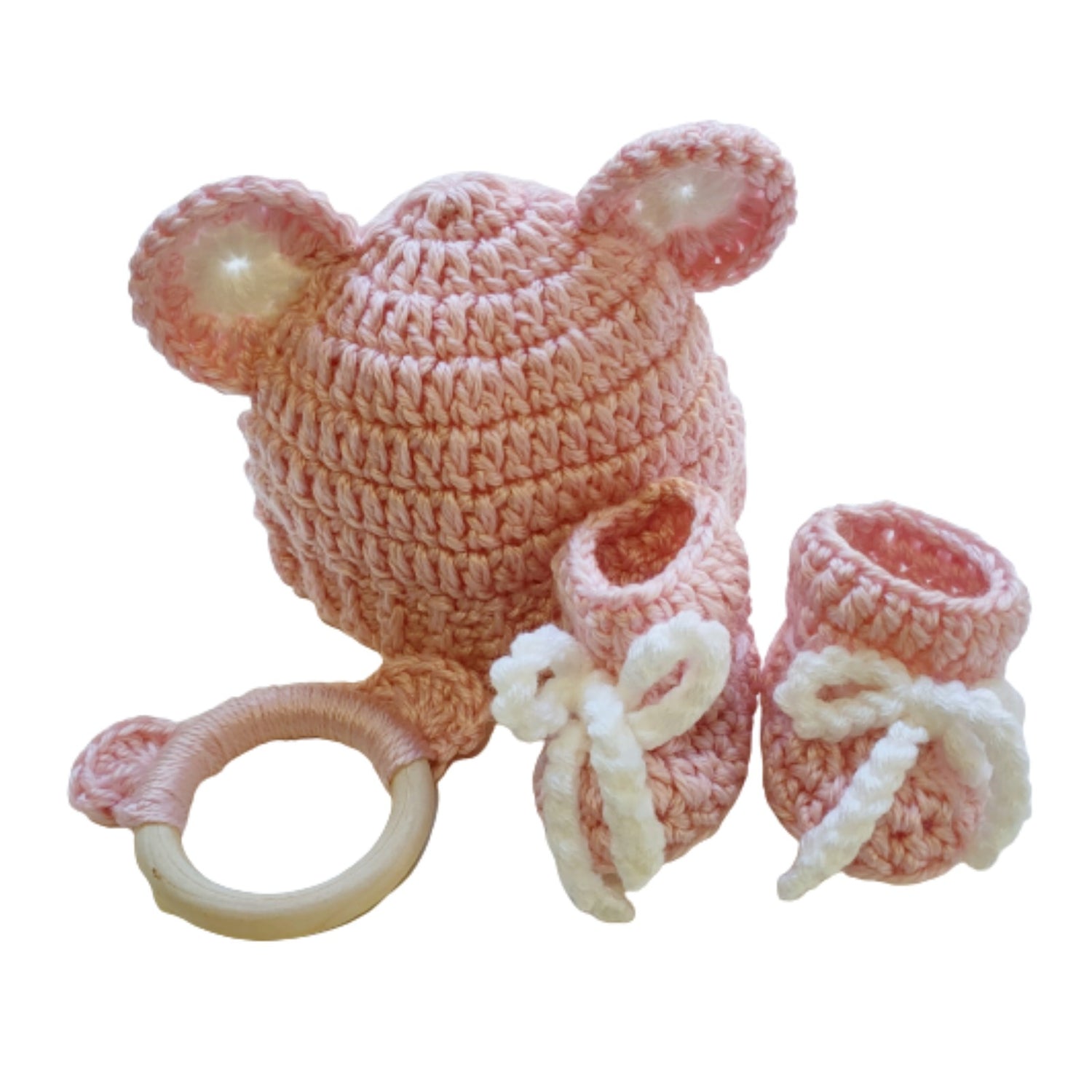 handmade baby set pink featuring knitted hat tether and booties newborn gift for baby girl