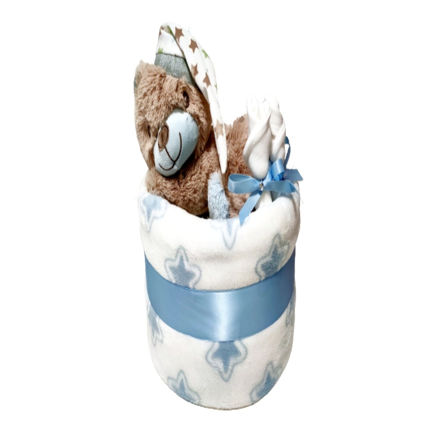 Liam teddy bear 1-tier baby boy nappy cake gift set featuring a brown plush bear in a nightcap, a star-patterned receiving blanket, and blue ribbon trim.
