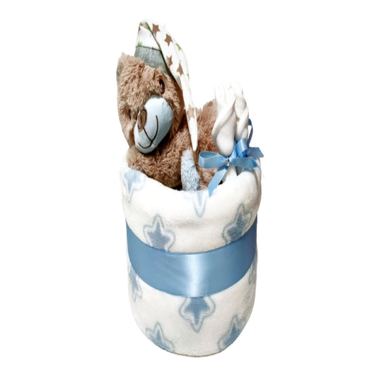 Liam teddy bear 1-tier baby boy nappy cake gift set featuring a brown plush bear in a nightcap, a star-patterned receiving blanket, and blue ribbon trim.