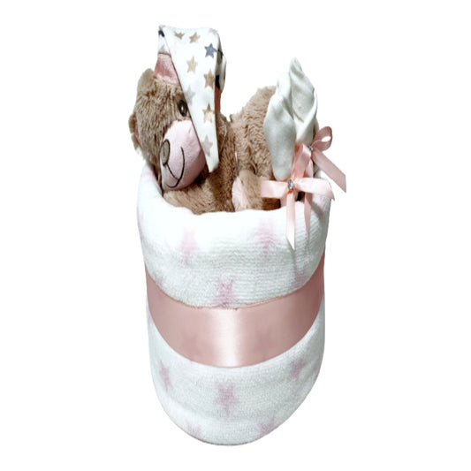 Lily teddy bear 1-tier baby girl nappy cake gift set featuring a brown plush bear in a nightcap, a pink star-patterned receiving blanket, and pink ribbon trim.