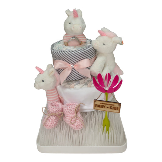 Soft plush unicorn toy with pink horn, hooves and tail included in a premium baby gift nappy cake