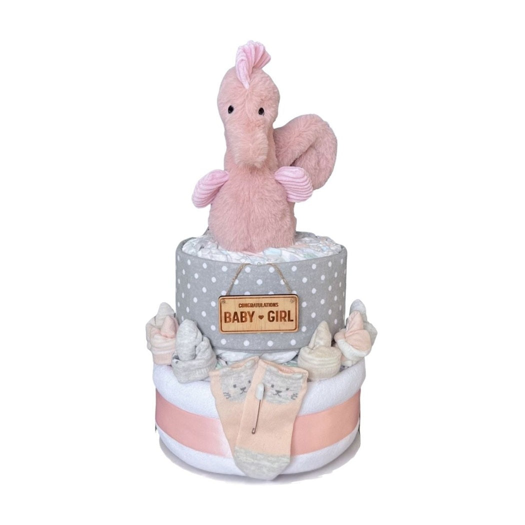 2-Tier Seahorse Baby Gift Nappy Cake with plush pink Seahorse, baby socks, nappies and a 'Baby Girl' keepsake sign.