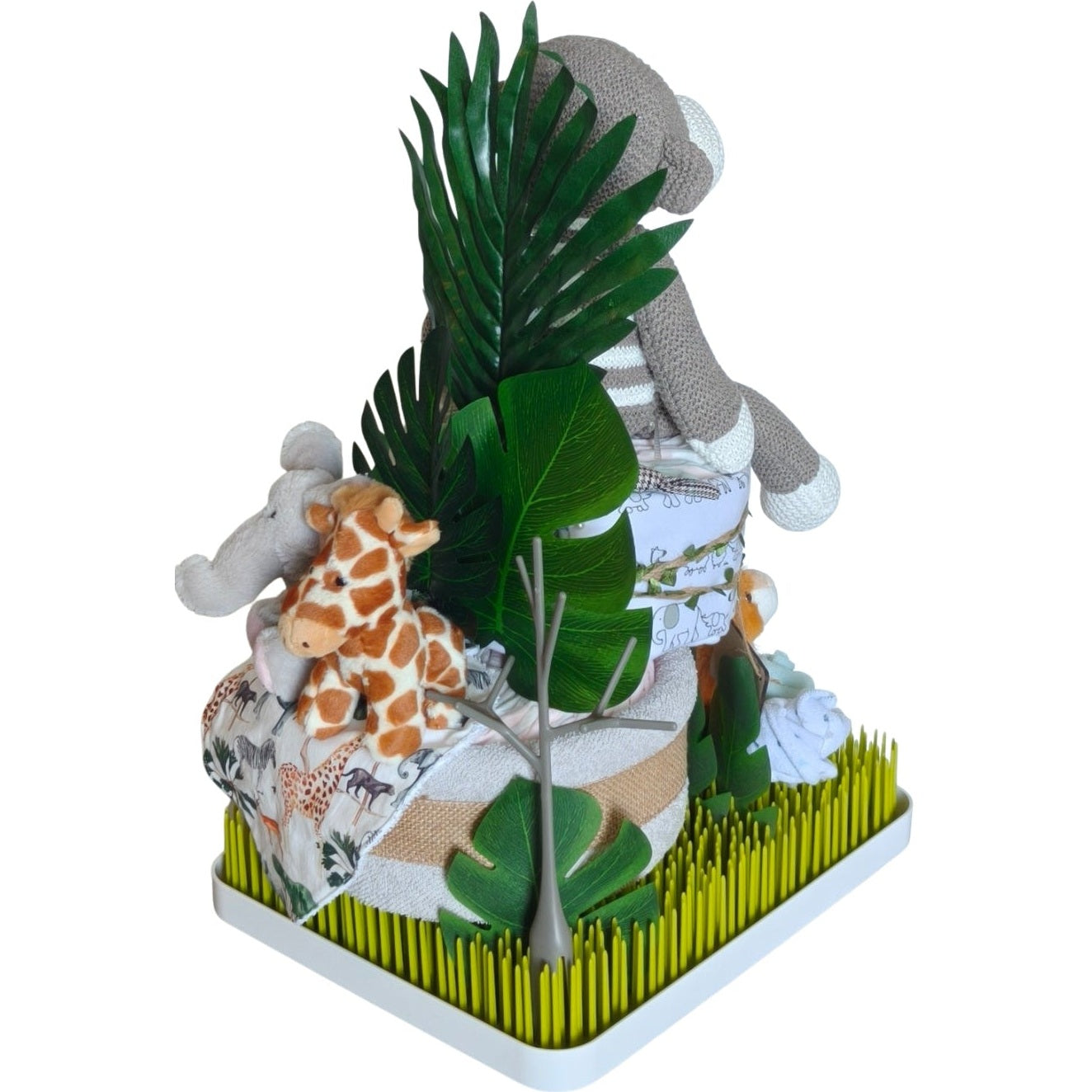 Monkey in the jungle nappy cake gift featuring a knitted monkey, plush elephant, plush giraffe, Boon Grass drying rack baby essentials.