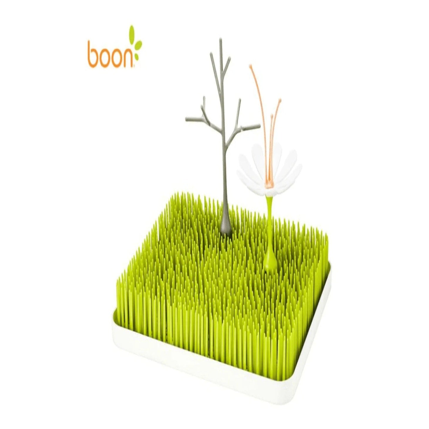 Boon Grass countertop drying rack with Twig and Stem accessories for drying baby bottles, dummies and feeding accessories.