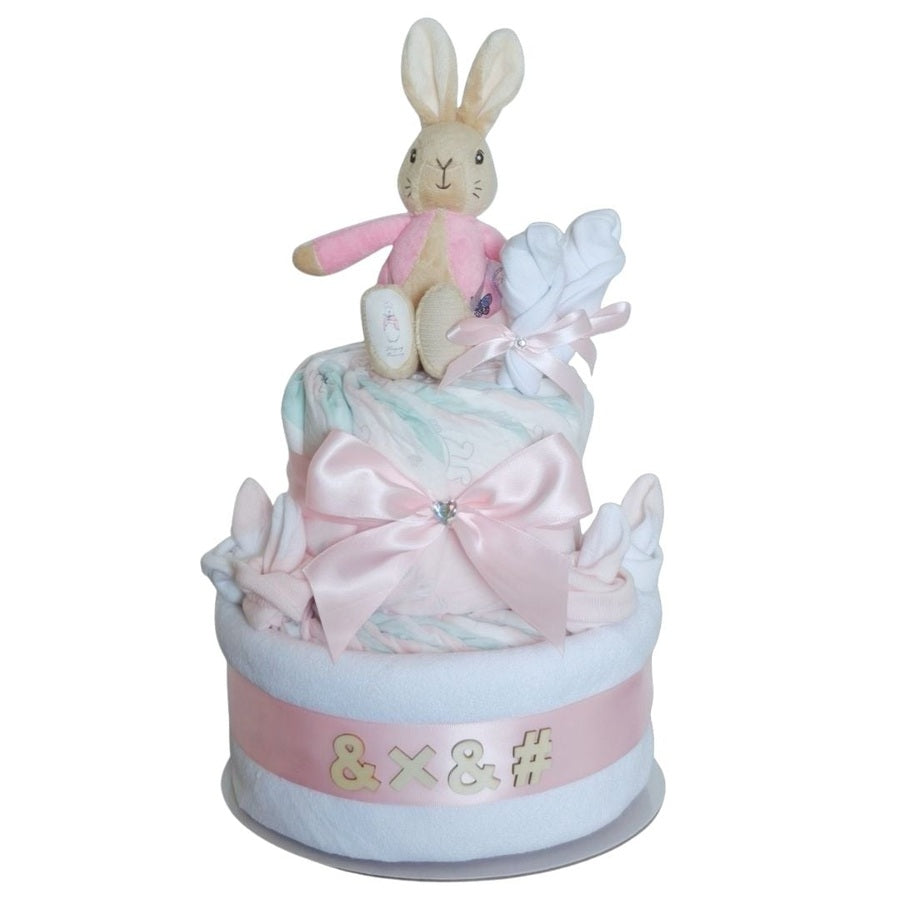 2-Tier Bunny Nappy Cake featuring a plush bunny, baby socks, rolled nappies, satin bow premium baby girl gift essentials.