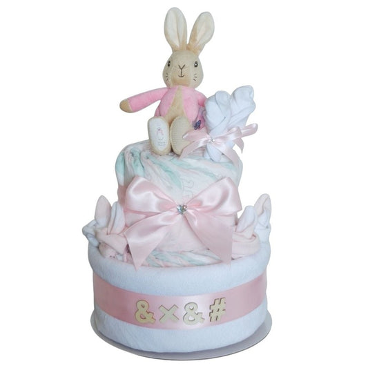 2-Tier Bunny Nappy Cake featuring a plush bunny, baby socks, rolled nappies, satin bow premium baby girl gift essentials.