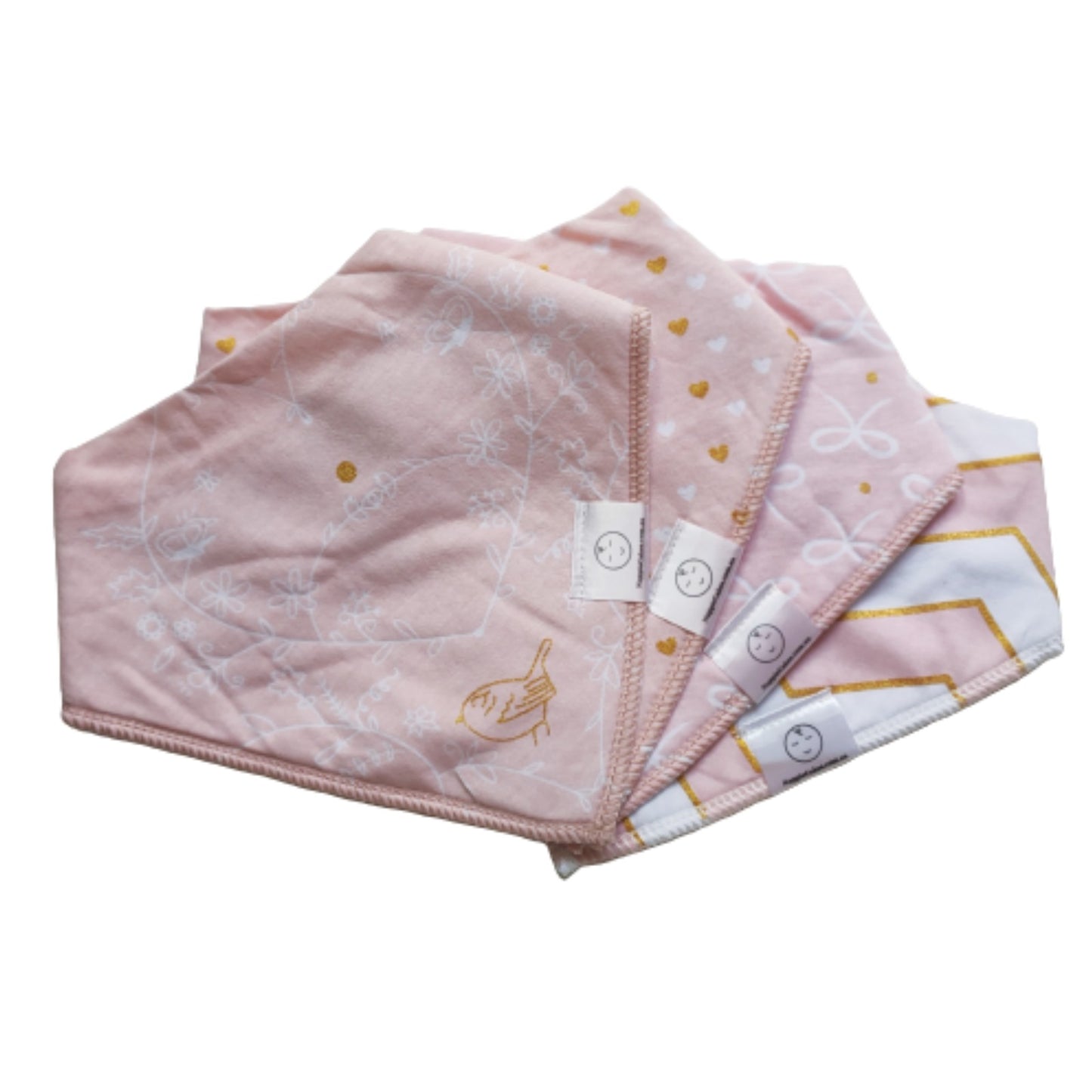 Pink baby bibs with a subtle gold pattern, folded flat