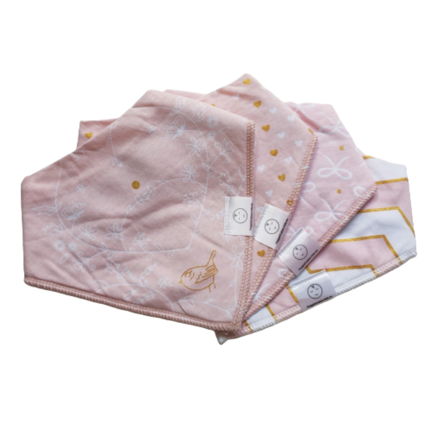 Pink baby bibs with a subtle gold pattern, folded flat