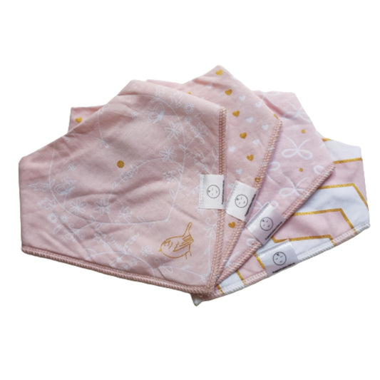 Pink baby bibs with a subtle gold pattern, folded flat