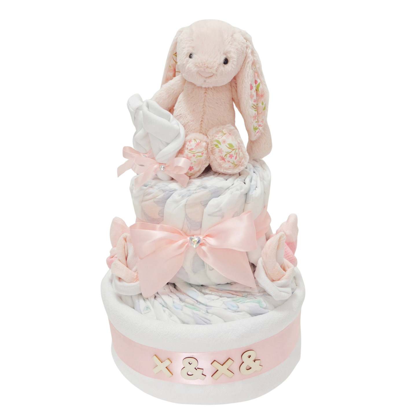 Rosy Blossom Bunny Nappy Cake - Pink (Personalisation)