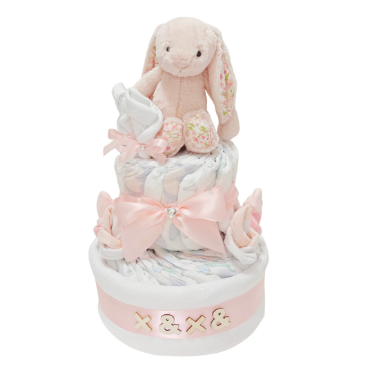 Rosy Blossom Bunny Nappy Cake - Pink (Personalisation)