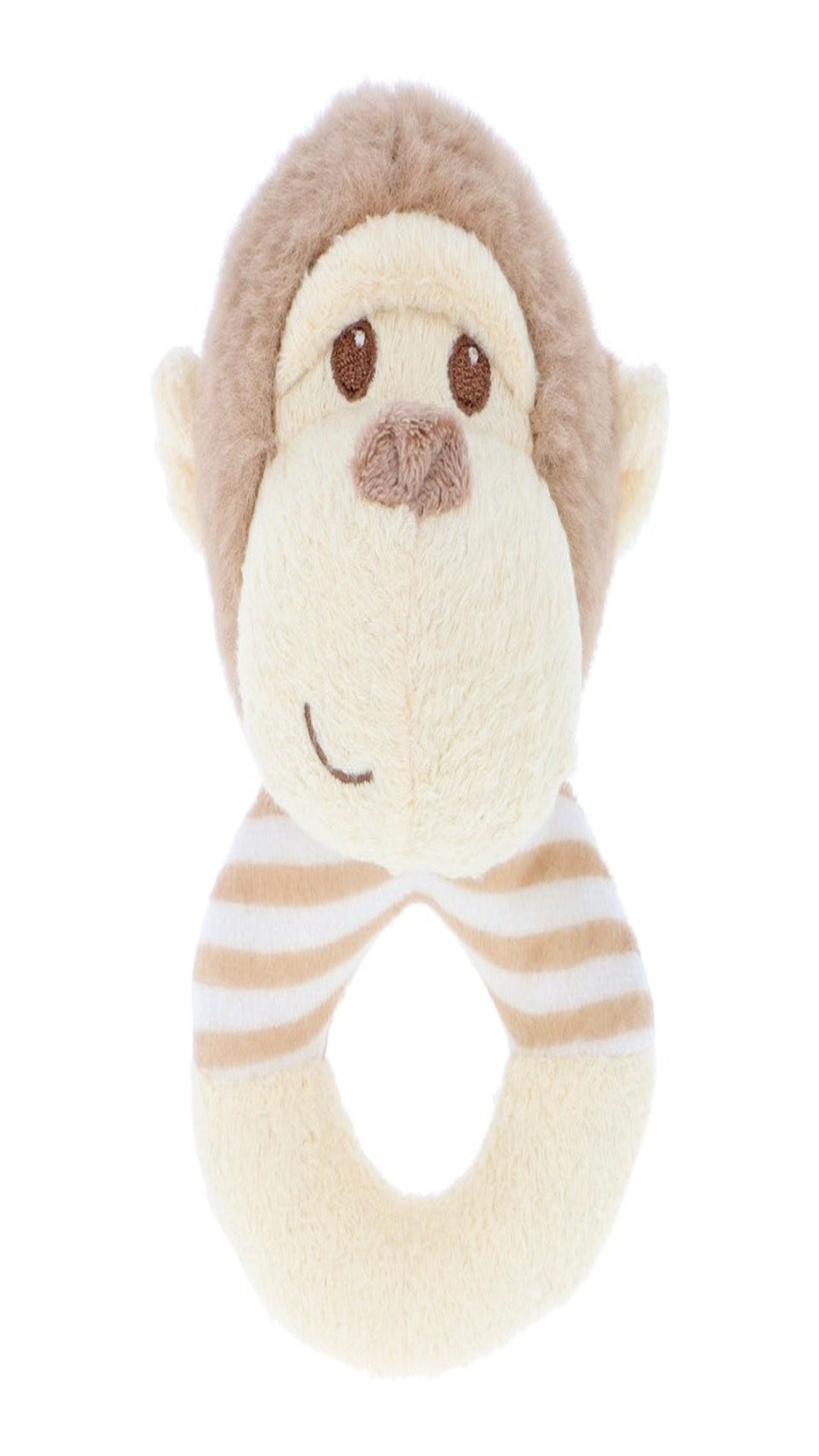 Soft plush monkey ring rattle for babies featuring a tan and white striped easy-grip ring.