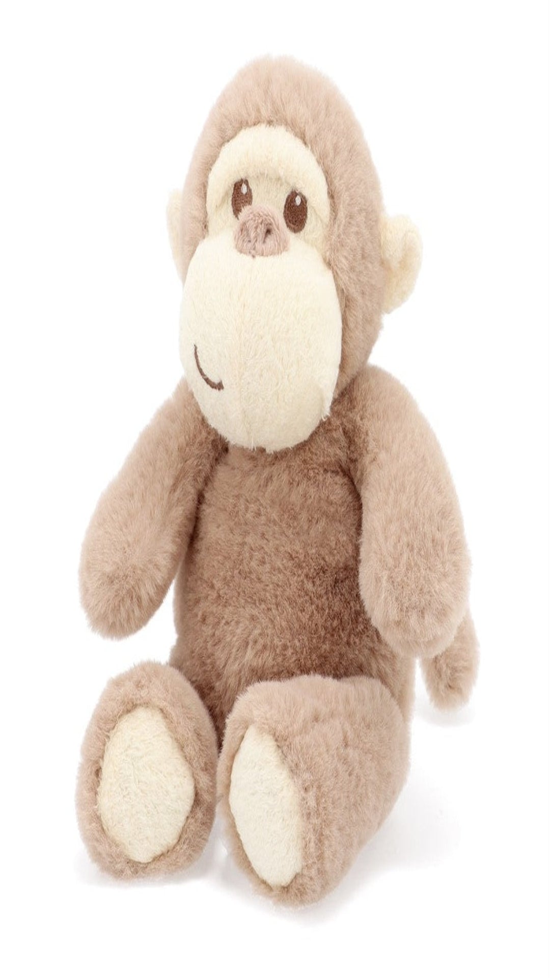 Sitting brown and tan plush monkey stuffed animal baby toy.