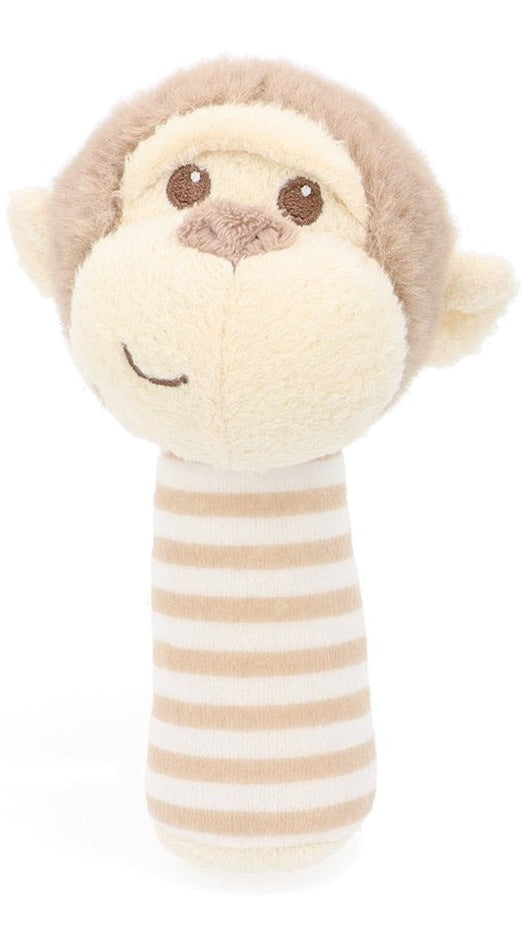 Soft plush monkey stick rattle with a tan and white striped handle.