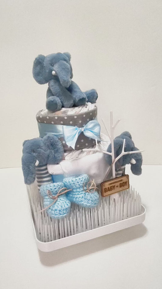 gentle elephant nappy cake blessing theme baby shower gift crafted with nappies and ribbons