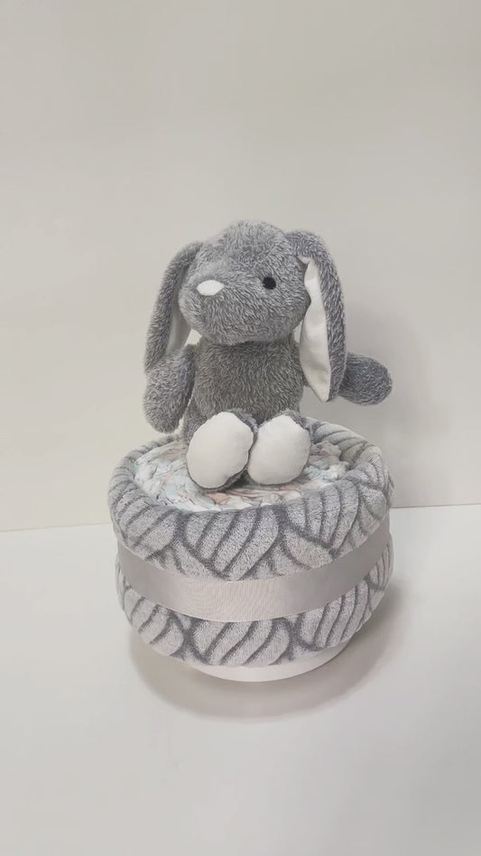 bunny with blanket unisex nappy cake baby gift with rolled nappies ribbons and plush bunny