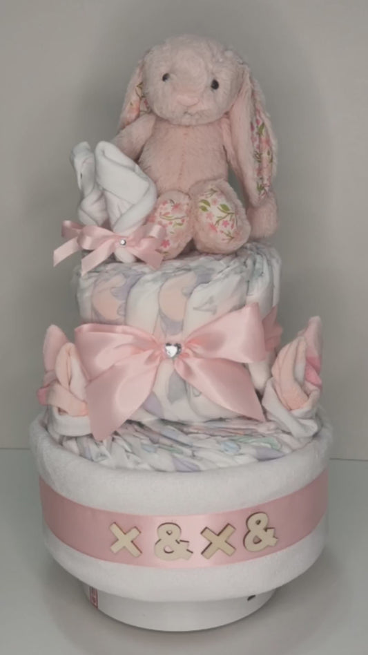 Rosy Blossom Bunny Nappy Cake - Pink (Personalisation)