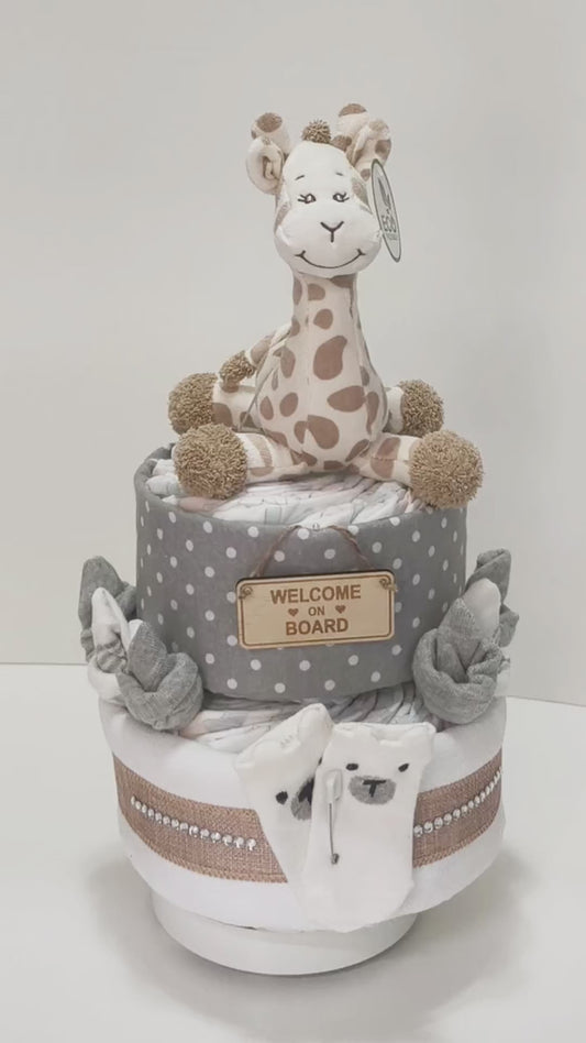 unique giraffe 2 tier nappy cake unisex baby shower gift made with nappies plush toy and ribbons