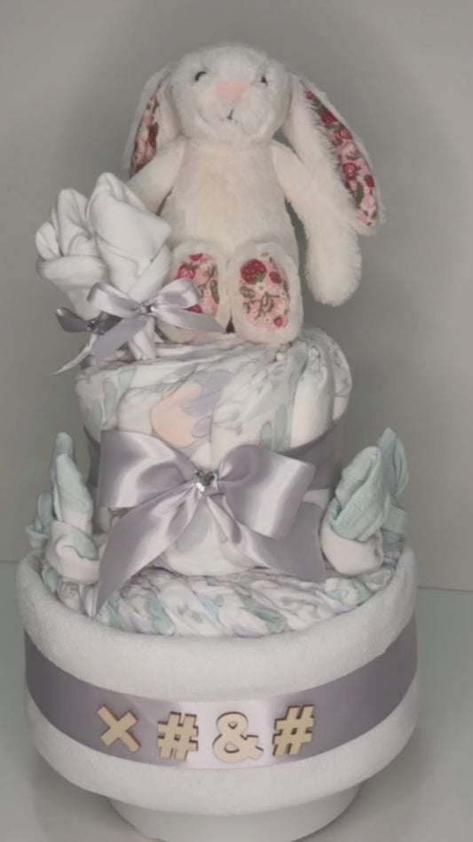 Snow Blossom Bunny Nappy Cake - White (Personalisation)