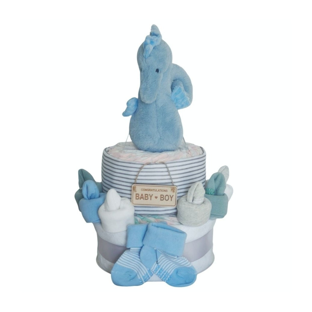 2-Tier Blue Seahorse Baby Gift Nappy Cake with plush seahorse, baby socks, premium nappies and a 'Baby Boy' keepsake sign.