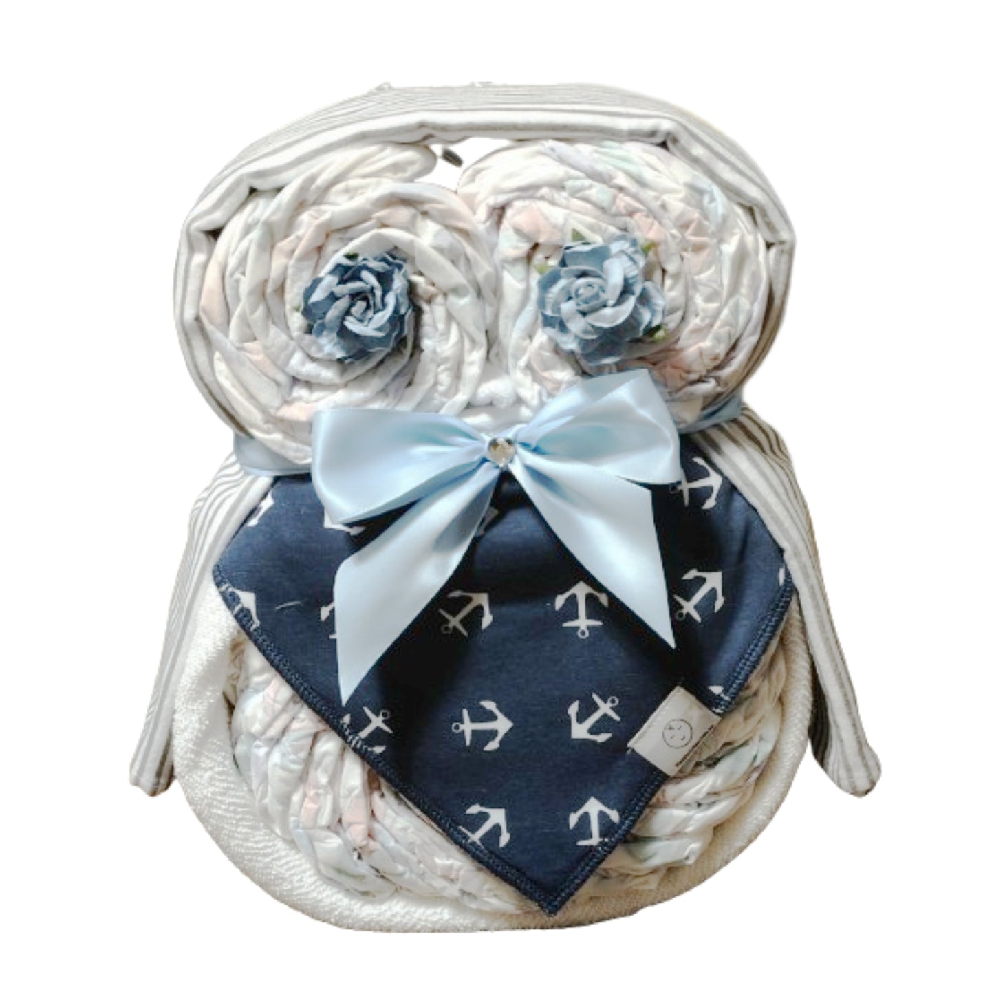 owl nappy cake sailor baby gift with rolled nappies ribbons and plush owl toy for newborn