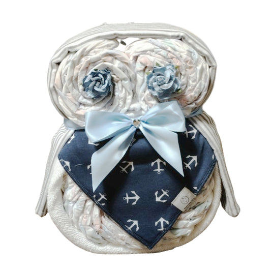 owl nappy cake sailor baby gift with rolled nappies ribbons and plush owl toy for newborn