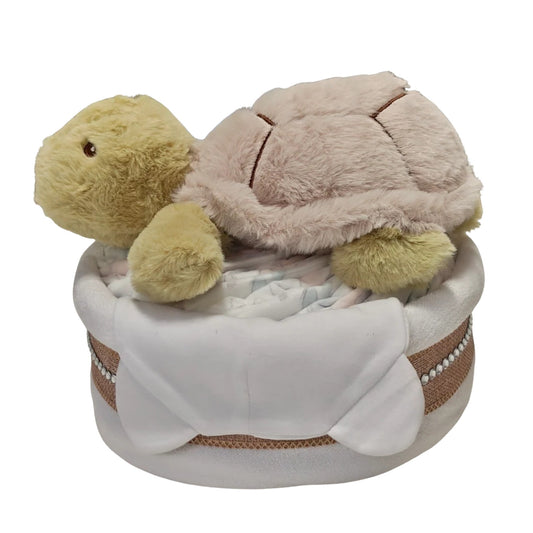 turtle nappy cake unisex baby gift with rolled nappies ribbons and plush turtle toy
